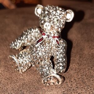 Signed marcasite teddy bear rhinestone brooch silvertone vintage collectible